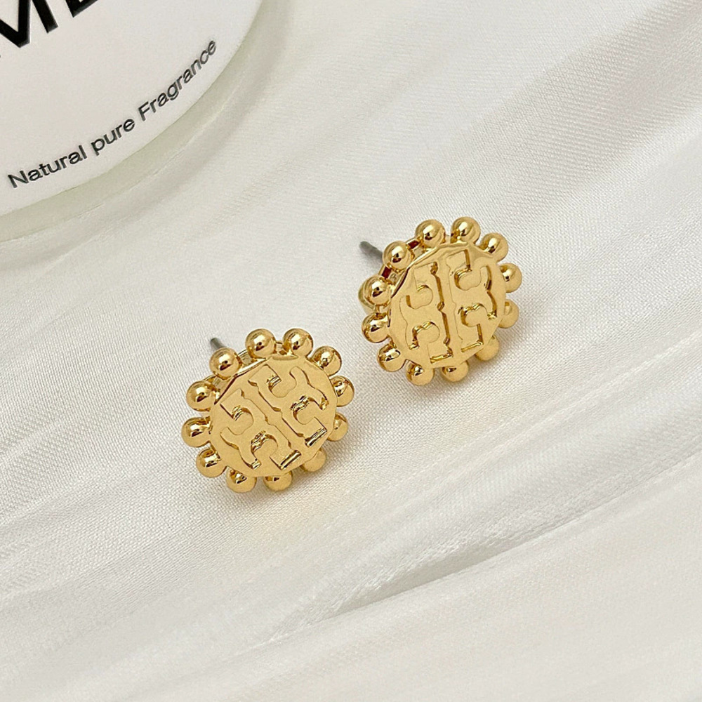 Tory Burch Gold Round Stud Earrings Letter